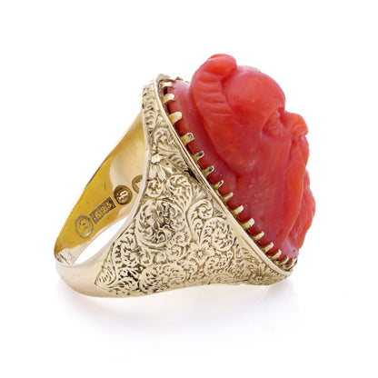 Victorian 15 Carat Gold Coral Ring With Carved River Gods Head
