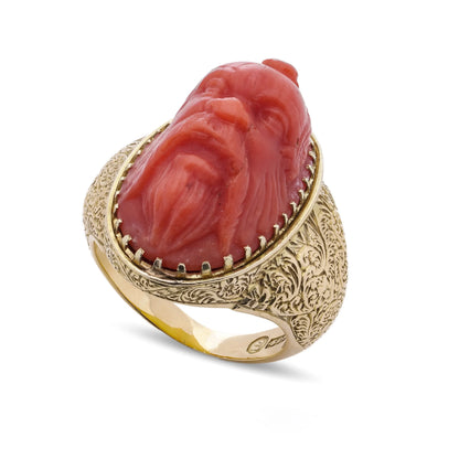 Victorian 15 Carat Gold Coral Ring With Carved River Gods Head