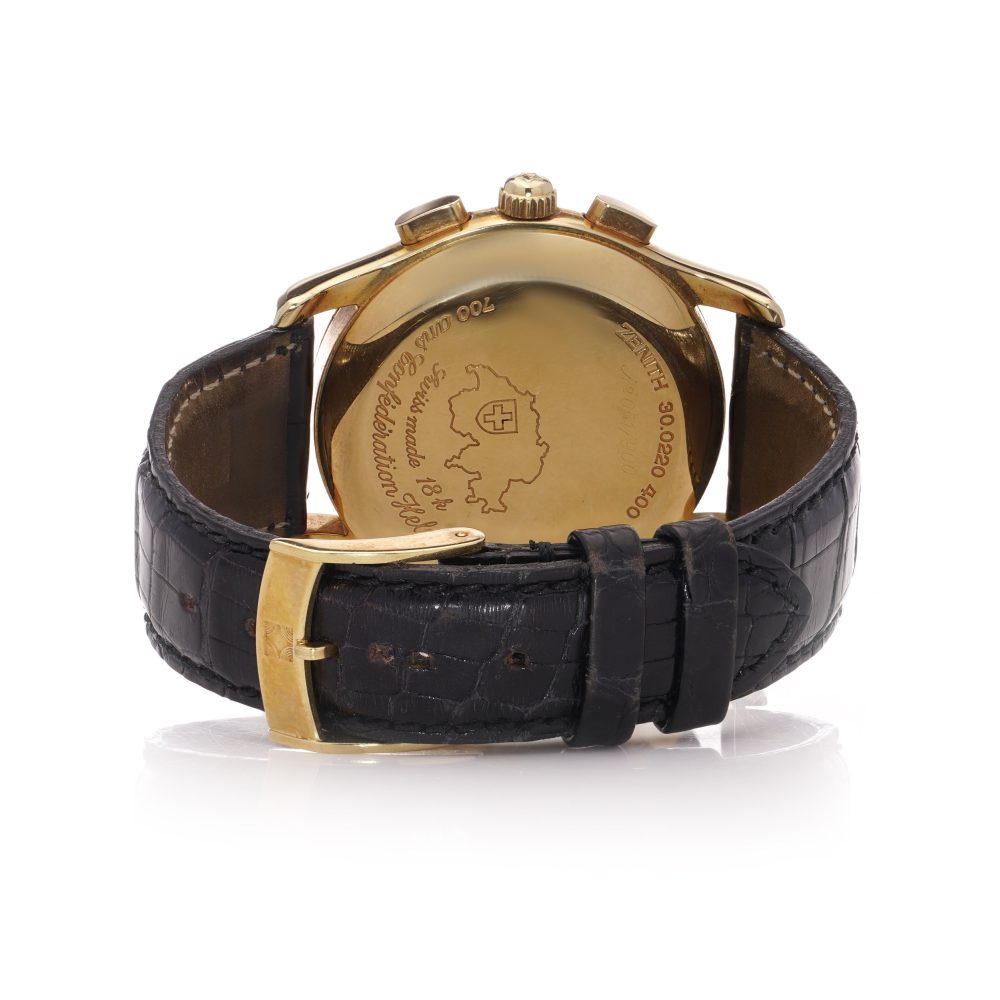 Vintage Zenith El Primero limited edition gold wristwatch with automatic calendar and black crocodile leather strap.