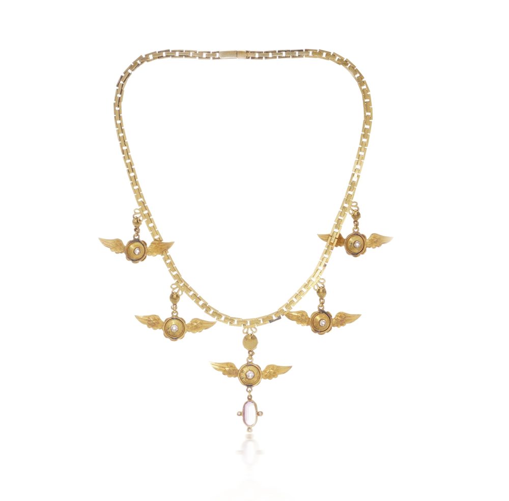 Victorian Antique Gold and Enamel Necklace with Diamond Turquoise Pink Tourmaline