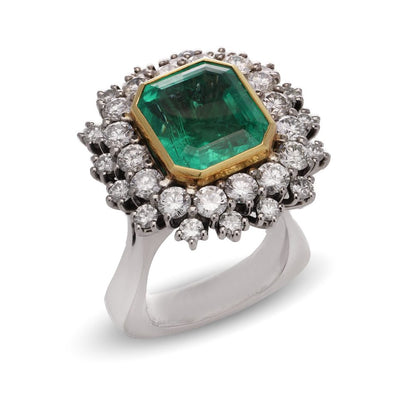 Vintage 8.50ct Colombian Emerald and Diamond Cluster Ring