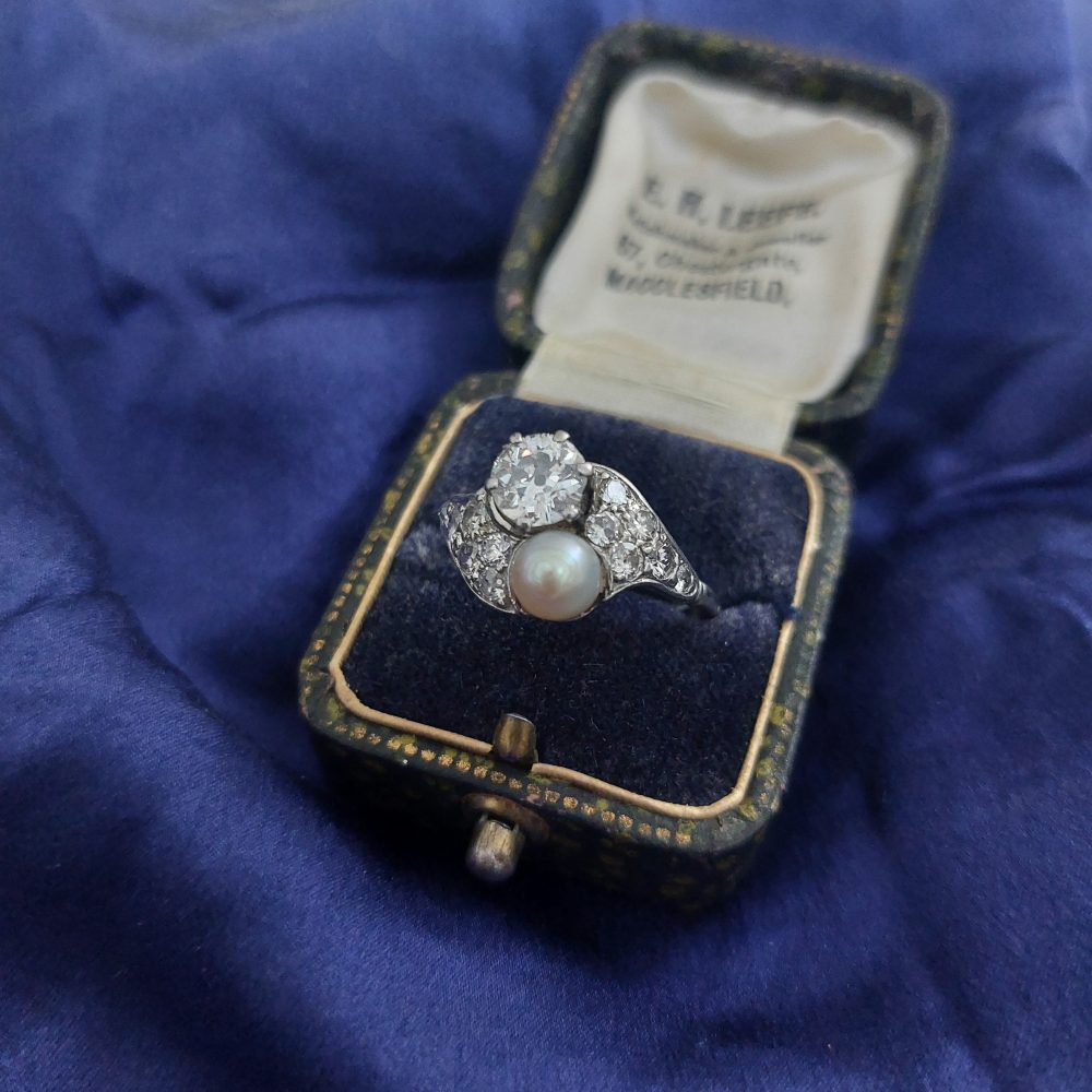 Antique Belle Epoque Natural Pearl and Old Cut Diamond Ring in Platinum