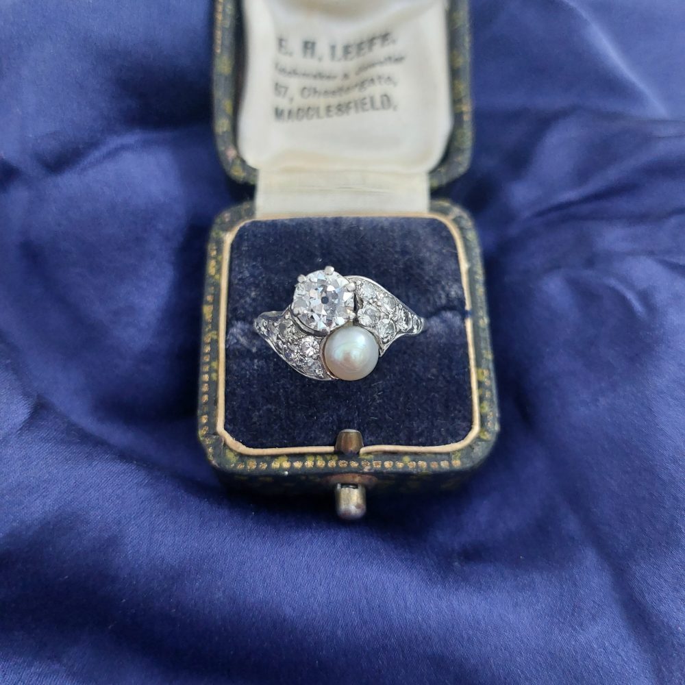 Belle Epoque Natural Pearl and Old Cut Diamond Ring in Platinum