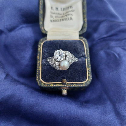 Belle Epoque Natural Pearl and Old Cut Diamond Ring in Platinum