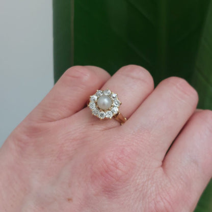 Antique Victorian Natural Pearl and Old Cut Diamond Cluster Ring