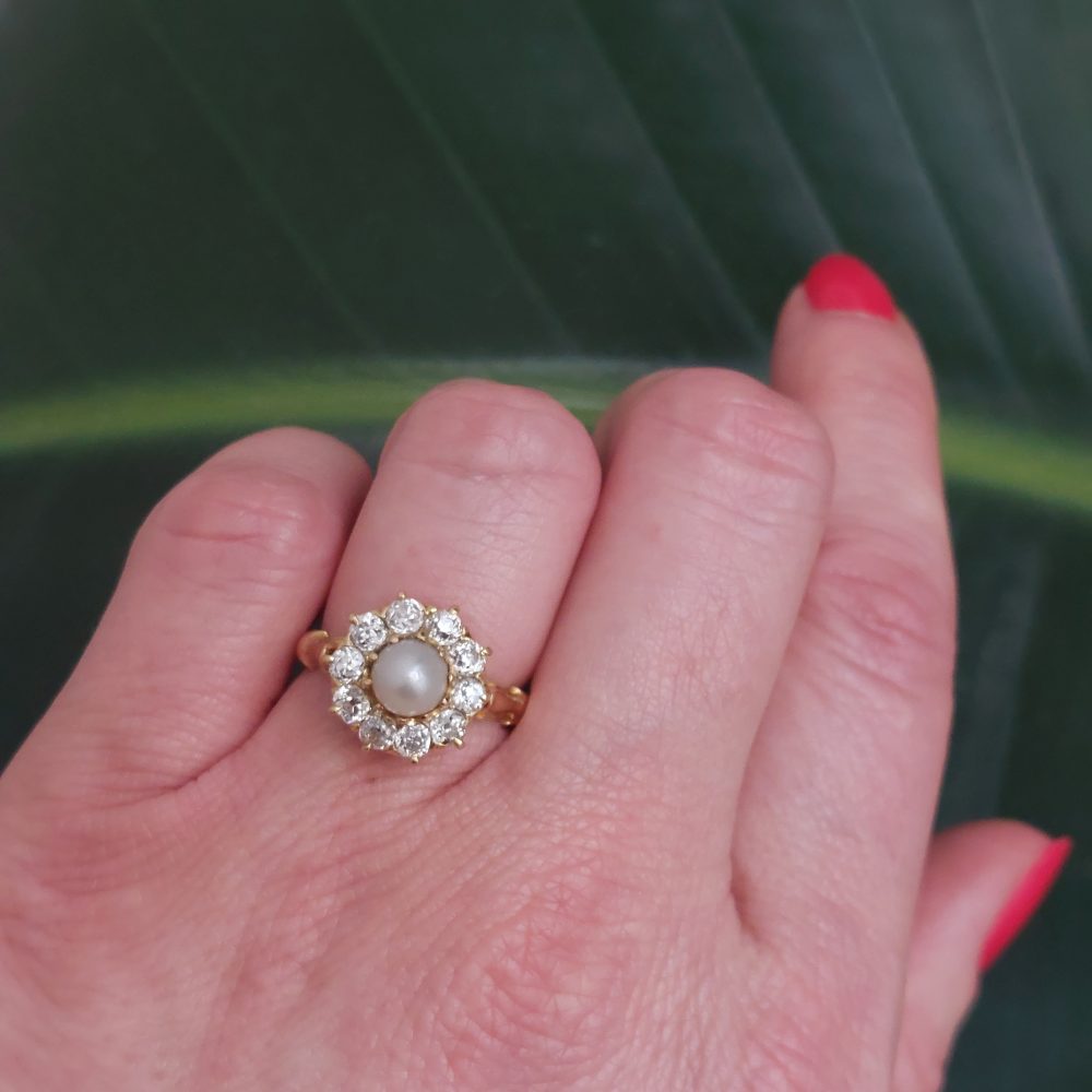Antique Victorian Natural Pearl and Old Cut Diamond Cluster Ring