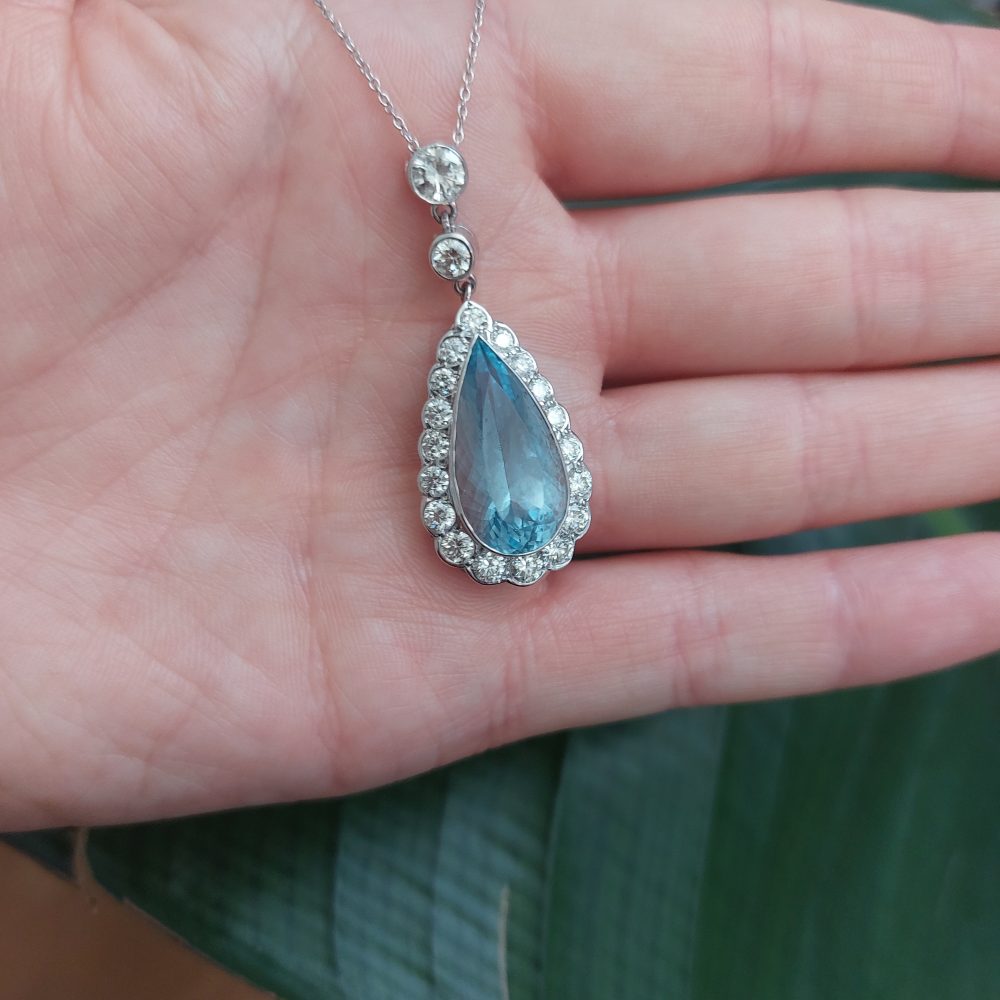 8ct Aquamarine and 2ct Diamond Pear Cluster Pendant 18ct White Gold