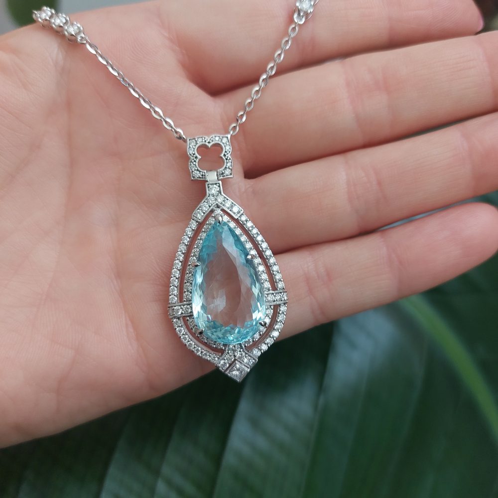 15.5ct Pear Cut Aquamarine and Diamond Cluster Pendant