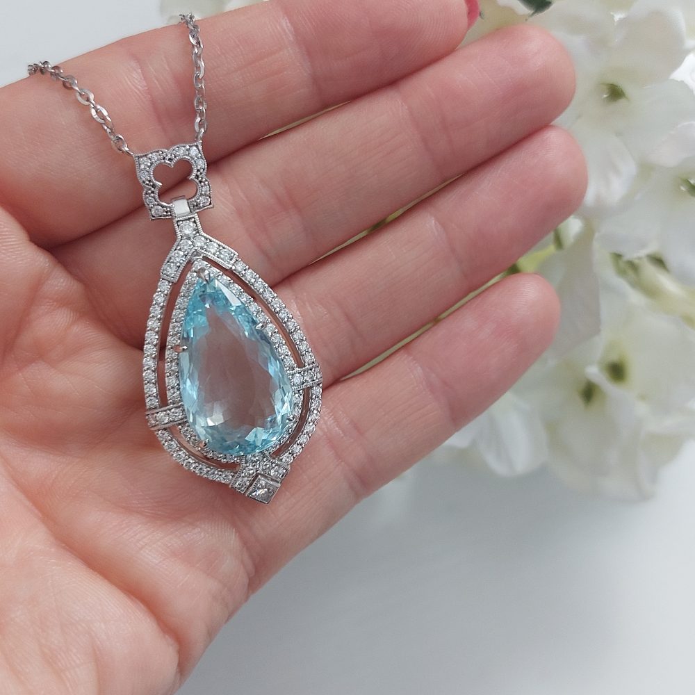 15.5ct Pear Cut Aquamarine and Diamond Cluster Pendant