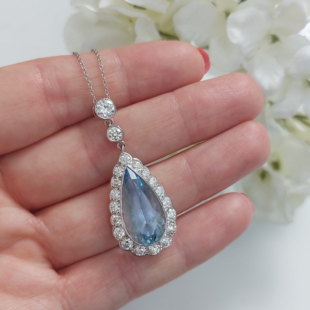 8ct Aquamarine and Diamond Pear Shaped Cluster Pendant