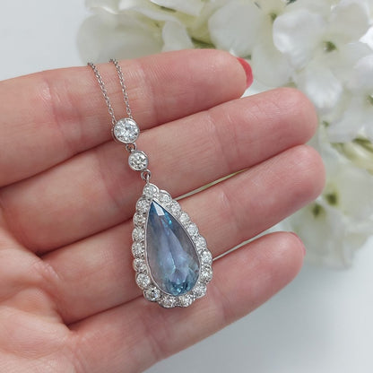 8ct Aquamarine and Diamond Pear Shaped Cluster Pendant