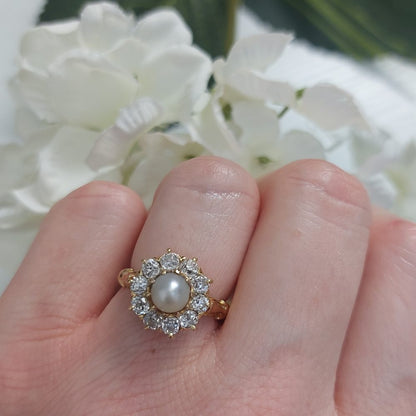 Antique Victorian Natural Pearl and Old Cut Diamond Cluster Ring
