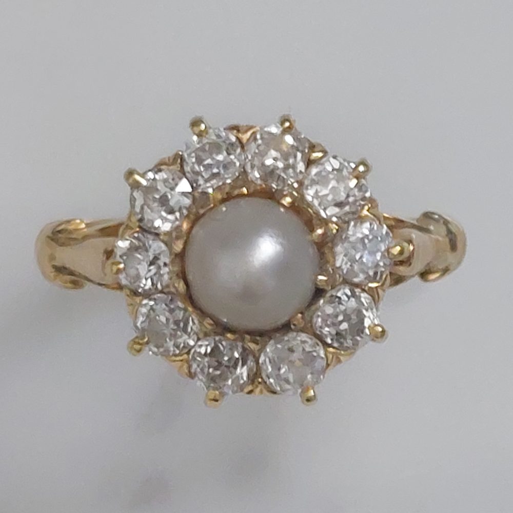 Antique Victorian Natural Pearl and Old Cut Diamond Cluster Ring