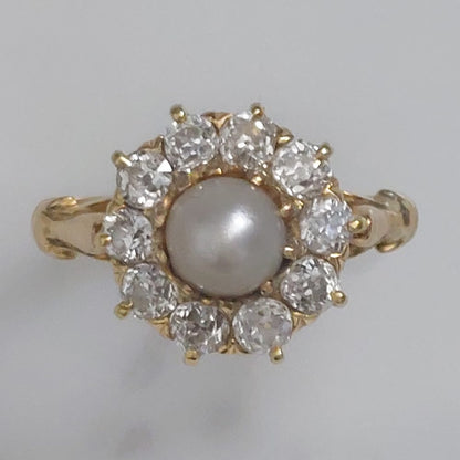 Antique Victorian Natural Pearl and Old Cut Diamond Cluster Ring