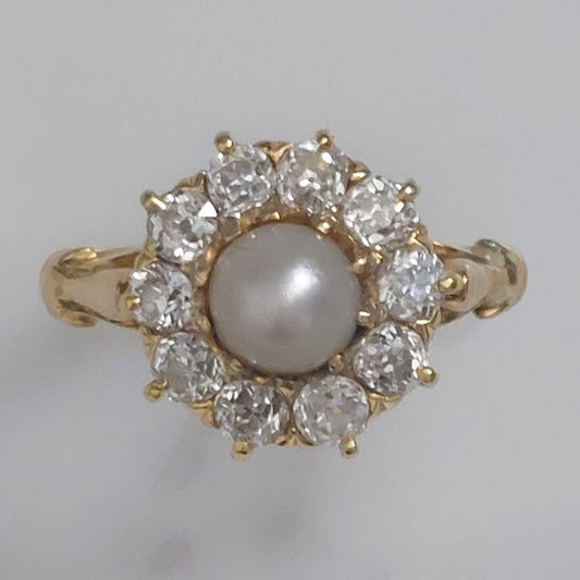 Antique Victorian Natural Pearl and Old Cut Diamond Cluster Ring