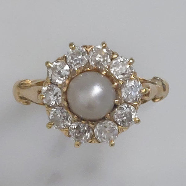Antique Victorian Natural Pearl and Old Cut Diamond Cluster Ring