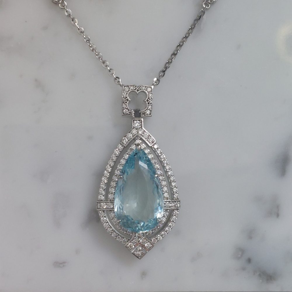 15.5ct Pear Cut Aquamarine and Diamond Cluster Pendant