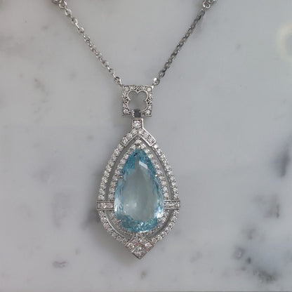15.5ct Pear Cut Aquamarine and Diamond Cluster Pendant