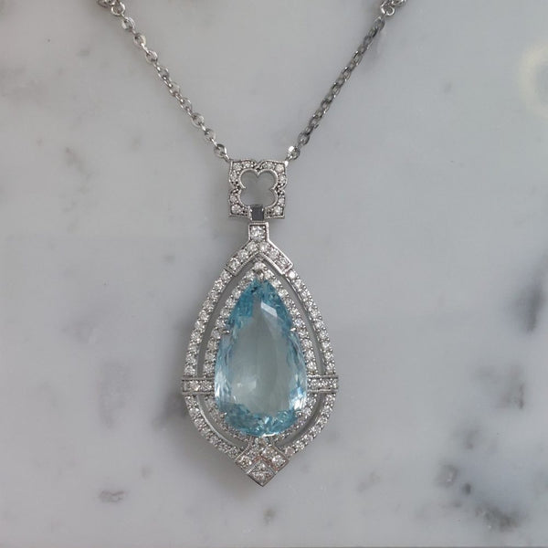 15.5ct Pear Cut Aquamarine and Diamond Cluster Pendant
