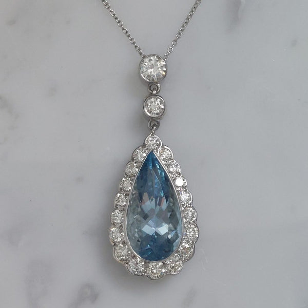 8ct Pear Cut Aquamarine and Diamond Cluster Pendant