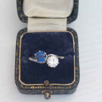 Art Deco Antique Sapphire and Diamond Crossover Ring