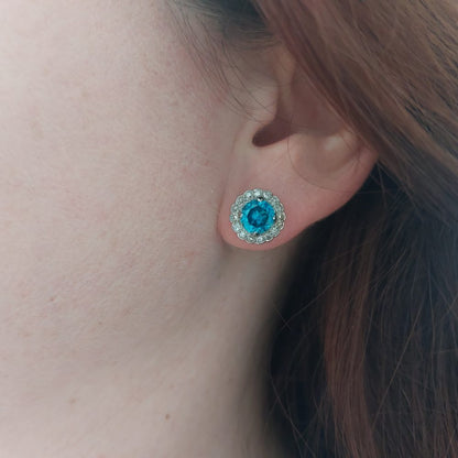 5ct Electric Blue Zircon and Diamond Cluster Stud Earrings