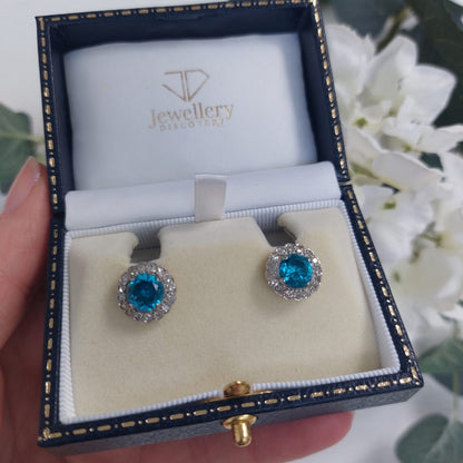 5ct Electric Blue Zircon and Diamond Cluster Stud Earrings