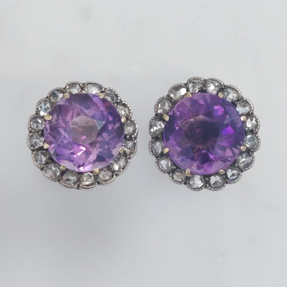 Antique Victorian Amethyst and Diamond Cluster Stud Earrings