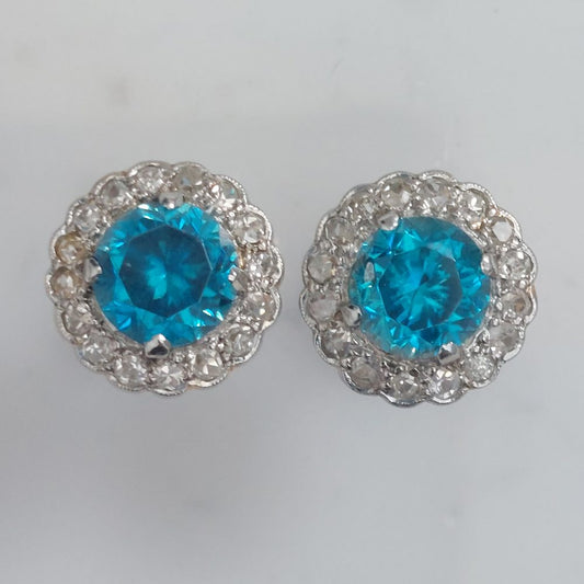 5ct Electric Blue Zircon and Diamond Cluster Stud Earrings