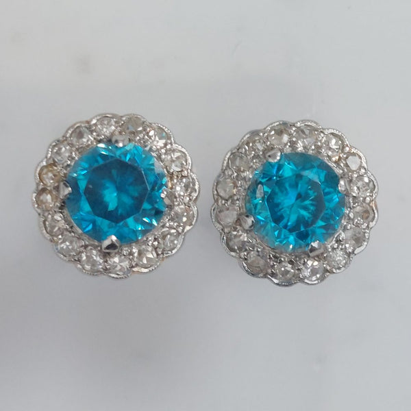 5ct Electric Blue Zircon and Diamond Cluster Stud Earrings