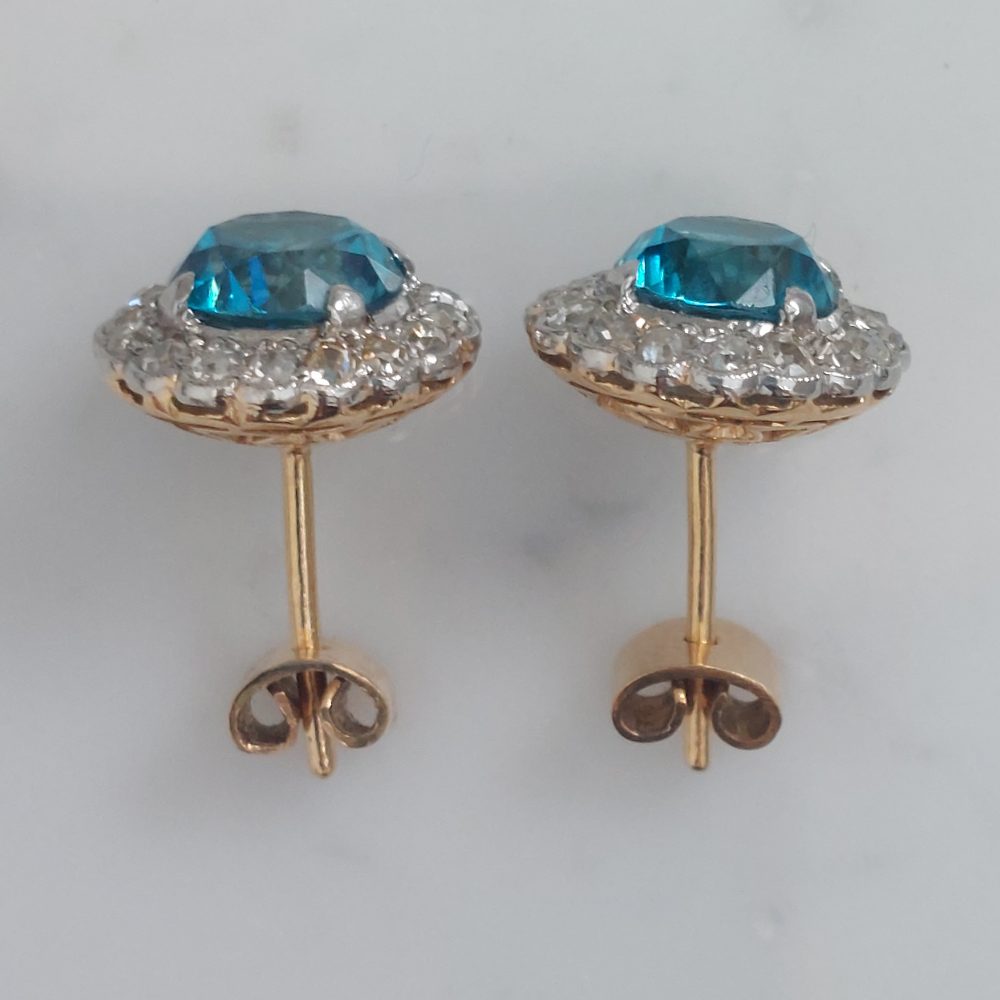 5ct Electric Blue Zircon and Diamond Cluster Stud Earrings