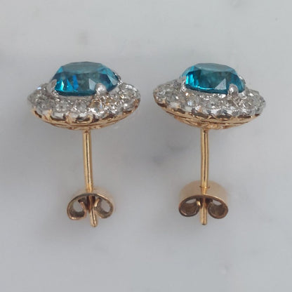 5ct Electric Blue Zircon and Diamond Cluster Stud Earrings