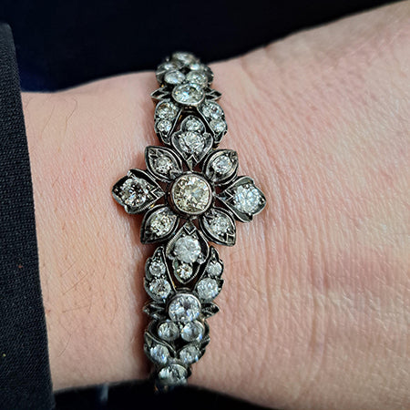 Antique Victorian 6ct Old Cut Diamond Floral Cluster Bracelet