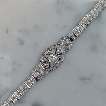 Art Deco Platinum and Diamond Bracelet with Calibre Sapphires