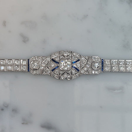 Art Deco Platinum and Diamond Bracelet with Calibre Sapphires