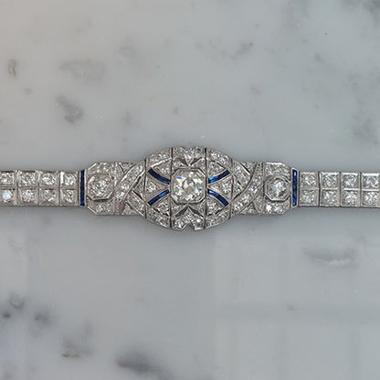 Art Deco Platinum and Diamond Bracelet with Calibre Sapphires