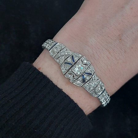 Art Deco Platinum and Diamond Bracelet with Calibre Sapphires