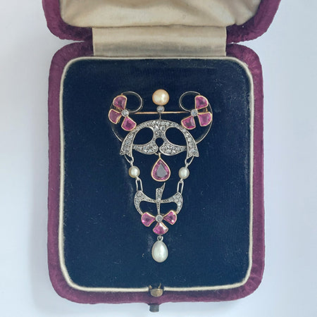 Art Nouveau Ruby, Diamond and Pearl Pendant Brooch