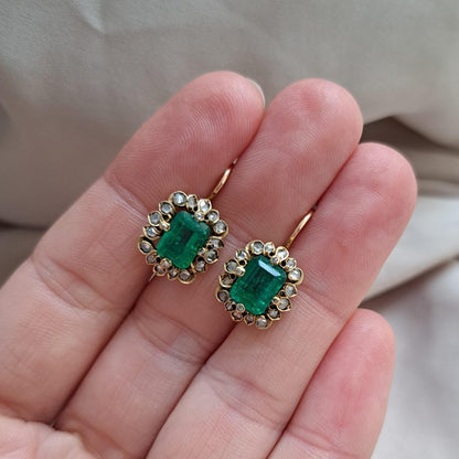 Antique Natural Colombian Emerald and Diamond Earrings