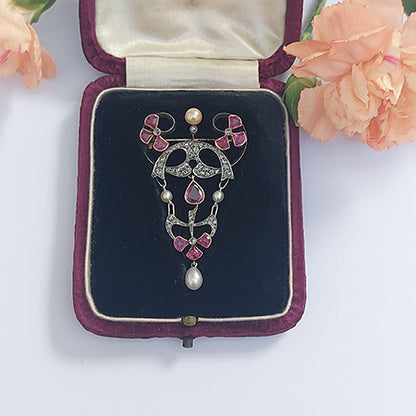 Art Nouveau Ruby, Diamond and Pearl Pendant Brooch