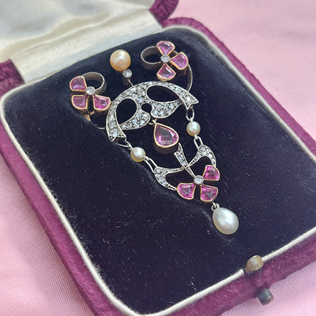 Art Nouveau Ruby, Diamond and Pearl Pendant Brooch