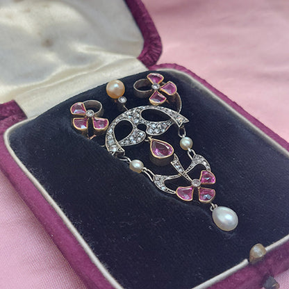 Art Nouveau Ruby, Diamond and Pearl Pendant Brooch