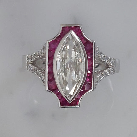 Certified 1.60ct Marquise Diamond and Calibre Ruby Tablet Cluster Ring