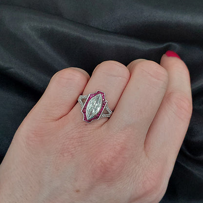 Certified 1.60ct Marquise Diamond and Calibre Ruby Tablet Cluster Engagement Ring in Platinum