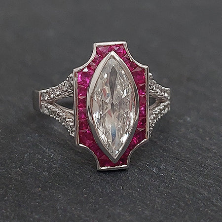 Certified 1.60ct Marquise Diamond and Calibre Ruby Tablet Cluster Engagement Ring in Platinum