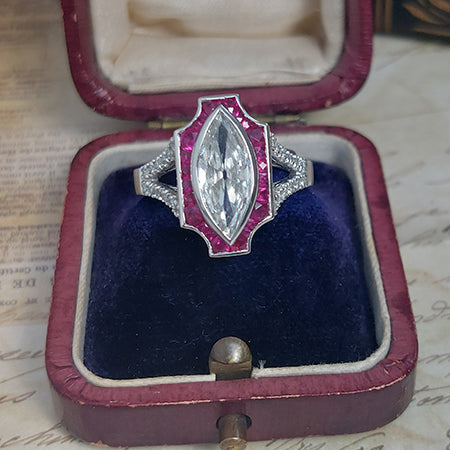 Certified 1.60ct Marquise Diamond and Calibre Ruby Tablet Cluster Engagement Ring in Platinum