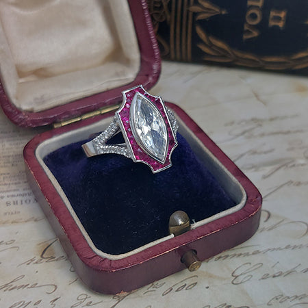 Certified 1.60ct Marquise Diamond and Calibre Ruby Tablet Cluster Engagement Ring in Platinum