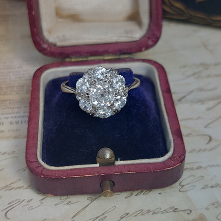 Vintage Old Cushion Cut Diamond Cluster Ring, 1.70 carat total