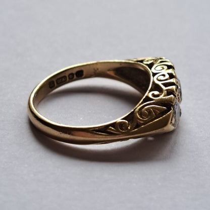 Vintage Victorian Style 0.80cts Three Stone Diamond Signet Ring in 18ct Yellow Gold