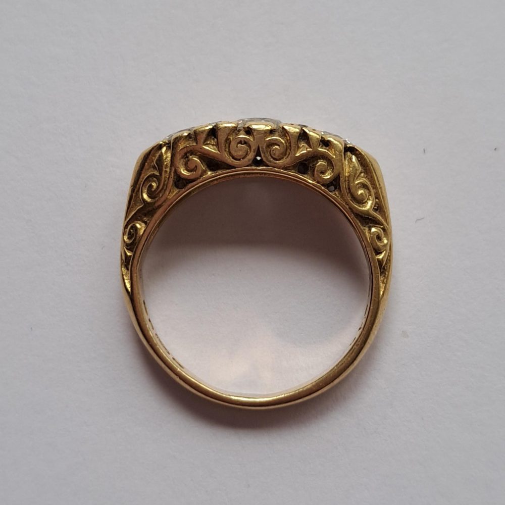 Vintage Victorian Inspired 0.80cts Diamond Trilogy Signet Ring in 18ct Yellow Gold scrolled undergallery